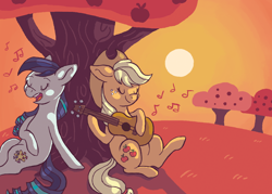 Size: 1280x914 | Tagged: artist needed, source needed, safe, imported from derpibooru, applejack, coloratura, pony, apple tree, female, guitar, lesbian, music, rara, rarajack, shipping, singing, sunset, tree