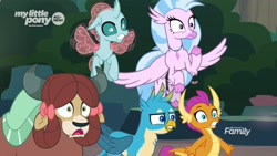 Size: 1920x1080 | Tagged: safe, imported from derpibooru, screencap, gallus, ocellus, sandbar, silverstream, smolder, yona, changedling, changeling, classical hippogriff, dragon, griffon, hippogriff, yak, uprooted, bow, discovery family logo, dragoness, female, flying, hair bow, male, monkey swings, student six