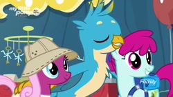 Size: 1920x1080 | Tagged: safe, imported from derpibooru, screencap, fruit pack, gallus, happy khaki, ruby splash, trail blazer, earth pony, griffon, pony, uprooted, background pony, discovery family logo, female, male, mare, tourist