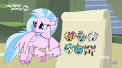Size: 1920x1080 | Tagged: safe, imported from derpibooru, screencap, gallus, ocellus, sandbar, silverstream, smolder, yona, classical hippogriff, hippogriff, uprooted, discovery family logo, drawing, female, flying, solo, student six