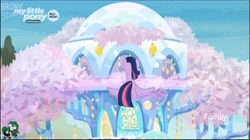 Size: 3833x2150 | Tagged: safe, imported from derpibooru, screencap, tree of harmony, twilight sparkle, alicorn, pony, uprooted, 4k, all new, bronystate, discovery family logo, female, harmy castle, mare, text, treehouse, treehouse of harmony, twilight sparkle (alicorn)