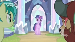 Size: 1920x1080 | Tagged: safe, imported from derpibooru, screencap, sandbar, tree of harmony, yona, alicorn, earth pony, pony, yak, uprooted, crystal, discovery family logo, female, implied twilight sparkle, mare, treelight sparkle