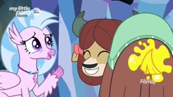 Size: 1920x1080 | Tagged: safe, imported from derpibooru, screencap, silverstream, yona, classical hippogriff, hippogriff, yak, uprooted, all new, butt, discovery family logo, eyes closed, female, grin, paint, plot, smiling, tail, text, the place where we belong, yonass