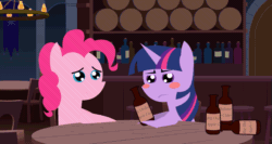 Size: 863x460 | Tagged: safe, artist:dsiak, artist:shoutingisfun, artist:slb94, imported from derpibooru, pinkie pie, twilight sparkle, earth pony, pony, unicorn, alcohol, animated, bar, big oof, blush sticker, blushing, cider, concerned, drunk, drunk bubbles, drunk twilight, duo, female, go home you're drunk, mare, oof, pointy ponies, tavern, twilight is not amused, twilight sparkle is not amused, unamused, unicorn twilight