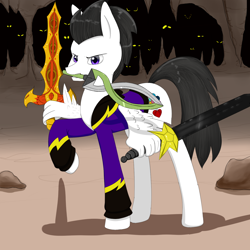 Size: 1500x1500 | Tagged: safe, artist:ruanshi, imported from derpibooru, oc, oc only, oc:pipe dream, pegasus, pony, adventure, adventurer, clothes, costume, dungeon, eye, eyes, helix sword, phoenix sword, shadowbolts, shadowbolts costume, star sword, sword, weapon