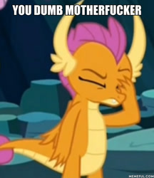 Size: 600x693 | Tagged: safe, edit, edited screencap, imported from derpibooru, screencap, smolder, dragon, uprooted, caption, cropped, dragoness, eyes closed, facepalm, female, image macro, impact font, memeful.com, reaction image, solo, text, vulgar