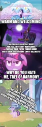 Size: 500x1509 | Tagged: safe, edit, edited screencap, imported from derpibooru, screencap, tree of harmony, twilight sparkle, alicorn, pony, castle sweet castle, scare master, uprooted, caption, comparison, female, harmy castle, image macro, mare, text, treehouse of harmony, treelight sparkle, twilight sparkle (alicorn), twilight's castle