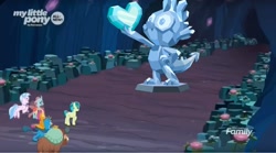 Size: 1652x921 | Tagged: safe, edit, edited screencap, imported from derpibooru, screencap, gallus, ocellus, sandbar, silverstream, smolder, yona, changedling, changeling, classical hippogriff, dragon, griffon, hippogriff, pony, yak, uprooted, cave, cave of harmony, female, male, spike statue, spike the brave and glorious, statue, student six