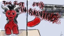 Size: 1920x1080 | Tagged: safe, imported from derpibooru, oc, oc only, oc:texas rain, demon, demon pony, original species, comic, looking at you, rain, red and black oc, sketch, solo, window