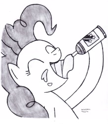 Size: 2530x2885 | Tagged: safe, artist:drchrisman, imported from derpibooru, pinkie pie, earth pony, pony, eyes closed, female, food, hoof hold, lineart, mare, monochrome, open mouth, solo, spray can, traditional art, whipped cream