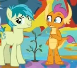 Size: 448x397 | Tagged: safe, imported from derpibooru, screencap, sandbar, smolder, dragon, earth pony, pony, uprooted, cropped, dragoness, duo, female, male, raised eyebrow, sapling, teenager