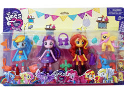 Size: 1000x750 | Tagged: safe, imported from derpibooru, applejack, derpy hooves, fluttershy, rainbow dash, sunset shimmer, twilight sparkle, oc, pony, equestria girls, art theft, bootleg, doll, equestria girls minis, minis, my fun hose, stolen fanart, toy