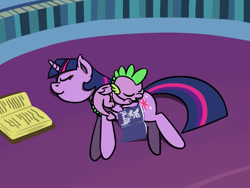 Size: 1280x960 | Tagged: safe, artist:flutterluv, imported from derpibooru, spike, twilight sparkle, alicorn, dragon, pony, book, cute, duo, female, library, male, mare, ponified animal photo, sleeping, twilight sparkle (alicorn), winged spike, wings