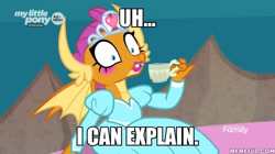 Size: 600x337 | Tagged: safe, edit, edited screencap, imported from derpibooru, screencap, smolder, uprooted, clothes, cup, cute, dress, i can explain, impact font, jewelry, lipstick, meme, memeful.com, prehibernation week, princess smolder, smolderbetes, solo, spongebob squarepants, teacup, tiara, uhh i can explain