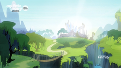 Size: 1920x1080 | Tagged: safe, imported from derpibooru, screencap, uprooted, bridge, castle, castle of the royal pony sisters, no pony, ravine, rope bridge, tree, treehouse of harmony