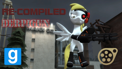 Size: 1280x720 | Tagged: safe, artist:optimus97, imported from derpibooru, derpy hooves, wild card, cyborg, pegasus, pony, elements of insanity, 3d, anti-hero, anti-heroine, blonde mane, blonde tail, confident, cybernetic organism, derpigun, doppelganger, female, flight, flying, gmod, gun protrusion, minigun, outdoors, shrunken pupils, smiling, solo, source filmmaker, tomboy, tree, yellow eyes