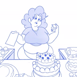 Size: 2048x2048 | Tagged: safe, artist:superspoe, imported from derpibooru, pinkie pie, human, belly, big belly, big breasts, bliss, breasts, busty pinkie pie, cake, cupcake, eating, fat, food, humanized, makeup, pudgy pie, reality ensues, smiling, tight clothing, weight gain, weight gain sequence