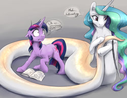 Size: 3300x2550 | Tagged: safe, artist:silfoe, imported from derpibooru, princess celestia, twilight sparkle, alicorn, lamia, monster pony, original species, pony, snake, snake pony, unicorn, book, celamia, commission, cute, cutelestia, danger noodle, dialogue, female, floppy ears, frown, gradient background, gray background, gritted teeth, hoof fluff, lamiafied, leg fluff, looking back, mare, messy mane, monster mare, oh no, ophidiophobia, panic, raised hoof, scared, shrunken pupils, simple background, snakelestia, species swap, speech bubble, spell gone wrong, spellbook, surprised, tail, this will end in tears and/or a journey to the moon, transformation, unicorn twilight, wide eyes, wing fluff