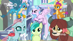 Size: 1920x1080 | Tagged: safe, imported from derpibooru, screencap, gallus, ocellus, sandbar, silverstream, smolder, yona, changedling, changeling, classical hippogriff, dragon, earth pony, griffon, hippogriff, pony, yak, uprooted, bow, dragoness, female, flying, hair bow, male, monkey swings, smiling, student six, treehouse of harmony