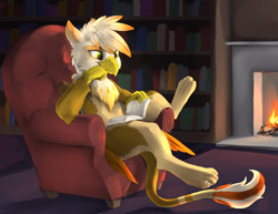 Size: 1320x1020 | Tagged: safe, artist:silfoe, imported from derpibooru, oc, oc only, oc:ember burd, griffon, book, bookshelf, chair, colored wings, commission, eared griffon, fire, fireplace, gradient wings, griffon oc, male, paws, reading, smiling, solo