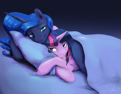 Size: 1320x1020 | Tagged: safe, artist:silfoe, imported from derpibooru, princess luna, twilight sparkle, alicorn, pony, bed, cuddling, cute, female, lesbian, mare, shipping, smiling, twilight sparkle (alicorn), twiluna