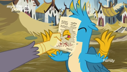 Size: 1920x1080 | Tagged: safe, imported from derpibooru, screencap, gallus, grampa gruff, griffon, uprooted, beak, blinded, casual child abuse, chest fluff, claws, discovery family logo, eyes closed, griffonstone, male, open beak, paper, permission slip, scroll, signature, surprised, wings, written equestrian