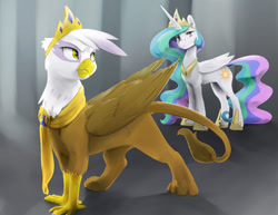 Size: 1320x1020 | Tagged: safe, artist:silfoe, imported from derpibooru, gilda, princess celestia, alicorn, griffon, pony, fanfic:the 8th rank, commission, crown, duo, duo female, fanfic art, female, jewelry, looking back, mare, princess gilda, queen gilda, regalia, smiling