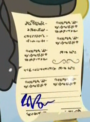 Size: 290x391 | Tagged: safe, imported from derpibooru, screencap, yona's dad, yona's mom, yak, uprooted, cropped, female, handwriting, mouth hold, paper, permission slip, scroll, signature, unnamed character, unnamed yak, written equestrian