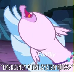 Size: 497x481 | Tagged: safe, imported from derpibooru, screencap, silverstream, uprooted, caption, descriptive noise, emergency alert system, female, image macro, solo, text, the place where we belong