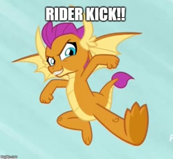 Size: 539x499 | Tagged: safe, edit, edited screencap, imported from derpibooru, screencap, smolder, dragon, uprooted, caption, dragoness, dynamic entry, female, flying, image macro, kamen rider, kick, kicking, meme, solo, spread wings, text, wings