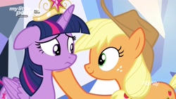 Size: 1920x1080 | Tagged: safe, imported from derpibooru, screencap, applejack, twilight sparkle, alicorn, pony, the beginning of the end, big crown thingy, jewelry, regalia, shipping fuel, twilight sparkle (alicorn)