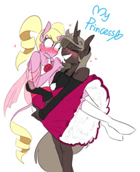 Size: 591x724 | Tagged: safe, artist:redxbacon, imported from derpibooru, oc, oc only, oc:eureka, oc:parch well, anthro, unicorn, anthro oc, blushing, bridal carry, carrying, clothes, female, lesbian, mare, skirt, socks, white socks