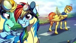 Size: 3840x2160 | Tagged: safe, artist:lupiarts, imported from derpibooru, lightning dust, rainbow dash, spitfire, pegasus, pony, wonderbolts academy, clothes, female, smiling, uniform, wonderbolt trainee uniform