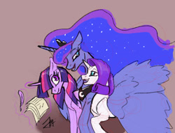 Size: 1196x916 | Tagged: safe, artist:jykinturah, imported from derpibooru, princess luna, rarity, twilight sparkle, alicorn, pony, unicorn, female, lesbian, mare, polyamory, rarilight, rariluna, raritwiluna, shipping, sketch, twilight sparkle (alicorn), twiluna