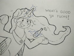 Size: 1280x960 | Tagged: safe, artist:ljdamz1119, imported from derpibooru, princess celestia, alicorn, pony, alcohol, drunk, drunklestia, female, glowing horn, hand, hoof shoes, jewelry, lineart, magic, magic hands, majestic as fuck, mare, open mouth, peytral, regalia, simple background, speech, telekinesis, traditional art, vulgar, white background