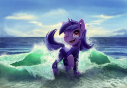Size: 2000x1391 | Tagged: safe, artist:tsitra360, imported from derpibooru, sea swirl, pony, unicorn, background pony, commission, cute, female, mare, namesake, ocean, one eye closed, open mouth, pun, seadorable, smiley face, smiling, solo, visual pun, wave, wetsuit, wink