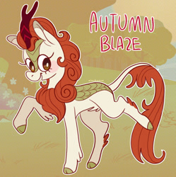 Size: 1280x1287 | Tagged: safe, artist:alexbeeza, imported from derpibooru, autumn blaze, kirin, awwtumn blaze, blushing, cute, female, flower, open mouth, solo, tree