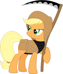 Size: 830x972 | Tagged: safe, artist:totallynotabronyfim, imported from derpibooru, applejack, pony, armor, female, hood, magical girl, magical girl outfit, saddle bag, scythe, simple background, solo, transparent background