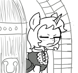 Size: 640x600 | Tagged: safe, artist:ficficponyfic, imported from derpibooru, oc, oc only, oc:sweetie candy, pony, unicorn, colt quest, aggravated, clothes, cyoa, door, door handle, eyes closed, female, horn, mare, monochrome, scowl, solo, story included