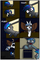 Size: 744x1116 | Tagged: safe, artist:pencil bolt, imported from derpibooru, oc, oc:billy blue, oc:soffies, earth pony, moth, mothpony, original species, pony, comic:do not fear, comic, female, light, male, night, shock, smiling, window