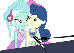 Size: 8001x5754 | Tagged: safe, artist:midnight-st4r, imported from derpibooru, bon bon, lyra heartstrings, sweetie drops, equestria girls, rainbow rocks, duet, duo, duo female, eye contact, female, lesbian, lidded eyes, looking at each other, lyrabon, microphone, musical instrument, piano, shipping, simple background, smiling, solo, transparent background, vector