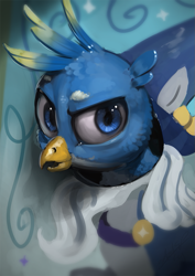 Size: 765x1080 | Tagged: safe, artist:assasinmonkey, imported from derpibooru, gallus, star swirl the bearded, griffon, uprooted, bust, digital painting, male, portrait, scene interpretation, solo, that was fast