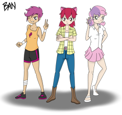 Size: 3696x3511 | Tagged: safe, artist:banquo0, imported from derpibooru, apple bloom, scootaloo, sweetie belle, human, boots, bow, clothes, cutie mark crusaders, female, humanized, mary janes, miniskirt, pleated skirt, shirt, shoes, shorts, simple background, skirt, tanktop, transparent background