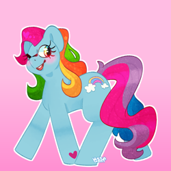 Size: 860x860 | Tagged: safe, artist:vurtuaghost, imported from derpibooru, rainbow dash (g3), earth pony, pony, blushing, cutie mark, female, g3, g3 to g4, g4, generation leap, heart, looking back, mare, one eye closed, open mouth, pink background, simple background, solo, walking