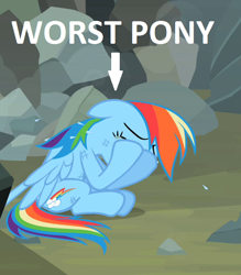 Size: 600x686 | Tagged: safe, edit, edited screencap, imported from derpibooru, screencap, rainbow dash, pegasus, pony, may the best pet win, abuse, arrow, background pony strikes again, cropped, crying, dashabuse, eyes closed, female, frown, injured, mare, meme, op is a duck, op is trying to start shit, op isn't even trying anymore, rock, sad, scratches, sitting, solo, spread wings, stuck, text, why, wings, worst pony