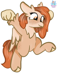 Size: 770x991 | Tagged: safe, artist:rainbow eevee, imported from derpibooru, oc, oc only, oc:kiona, classical hippogriff, hippogriff, female, freckles, hippogriff oc, raised claw, raised hoof, red hair, simple background, solo, transparent background