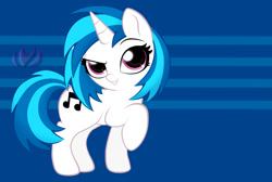Size: 1000x670 | Tagged: safe, artist:raininess, imported from derpibooru, dj pon-3, vinyl scratch, pony, unicorn, abstract background, chibi, cutie mark, female, looking at you, mare, missing accessory, raised eyebrow, raised hoof, smiling, solo