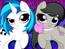 Size: 1024x768 | Tagged: safe, artist:raininess, imported from derpibooru, dj pon-3, octavia melody, vinyl scratch, earth pony, pony, unicorn, abstract background, chibi, cutie mark, duo, female, looking at you, mare, missing accessory, open mouth, raised eyebrow, raised hoof, smiling