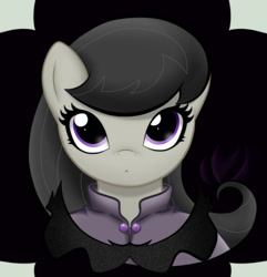 Size: 800x831 | Tagged: safe, artist:raininess, imported from derpibooru, octavia melody, semi-anthro, :<, abstract background, bust, catface, clothes, female, looking at you, shirt, solo