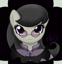 Size: 800x831 | Tagged: safe, alternate version, artist:raininess, imported from derpibooru, octavia melody, semi-anthro, abstract background, bust, clothes, female, glasses, looking at you, shirt, smiling, smirk, solo
